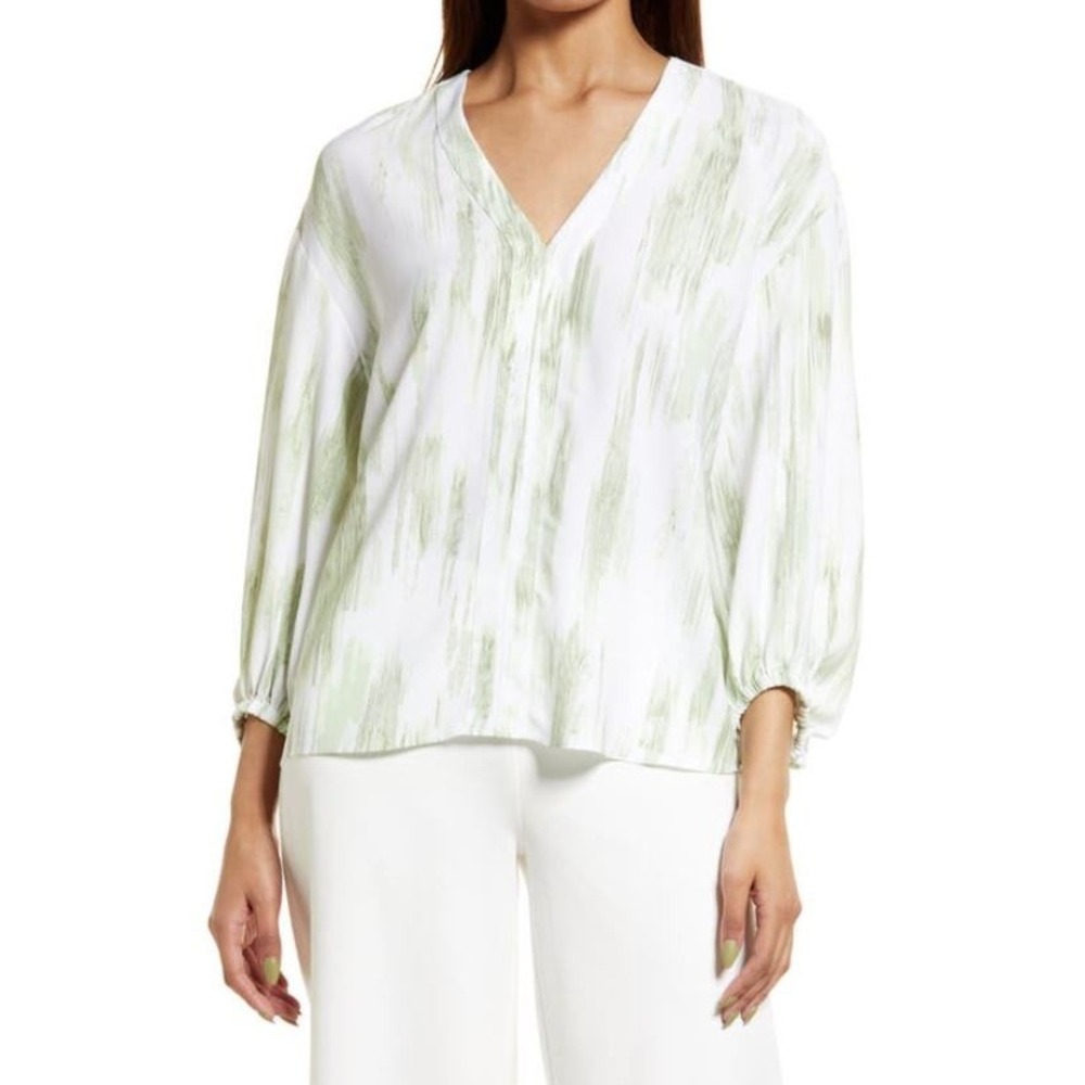 Nordstrom V-Neck Long Blouson Sleeve Blouse in White Green Ghost Brush Stripe LG